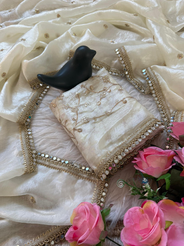 White Space Satin Sequin Saree with Mirror Lace Border | RD SANVI