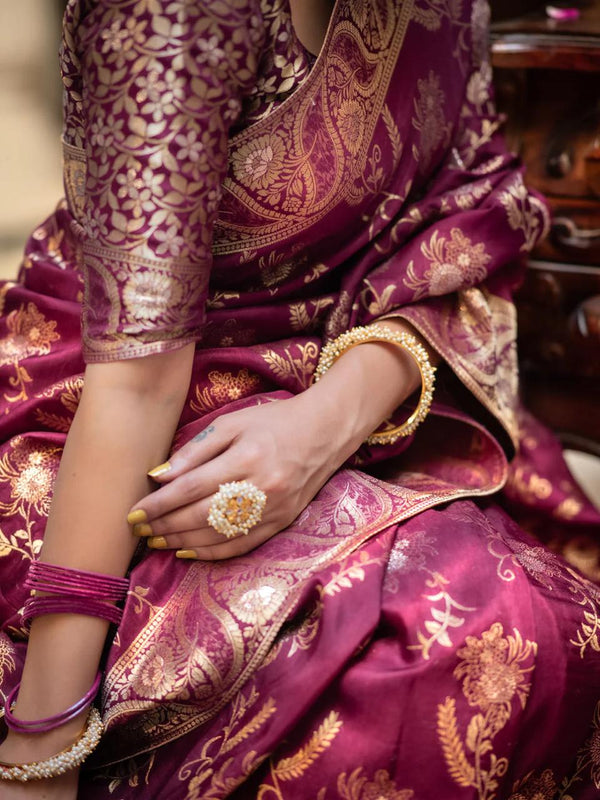 Wine Banarasi Silk Saree | Ethnic Wear for Women