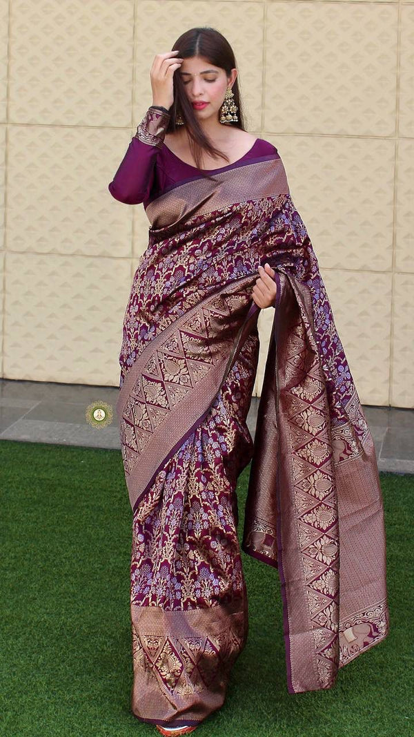 Wine Banarasi Silk Saree | Festival & Ceremony Wear