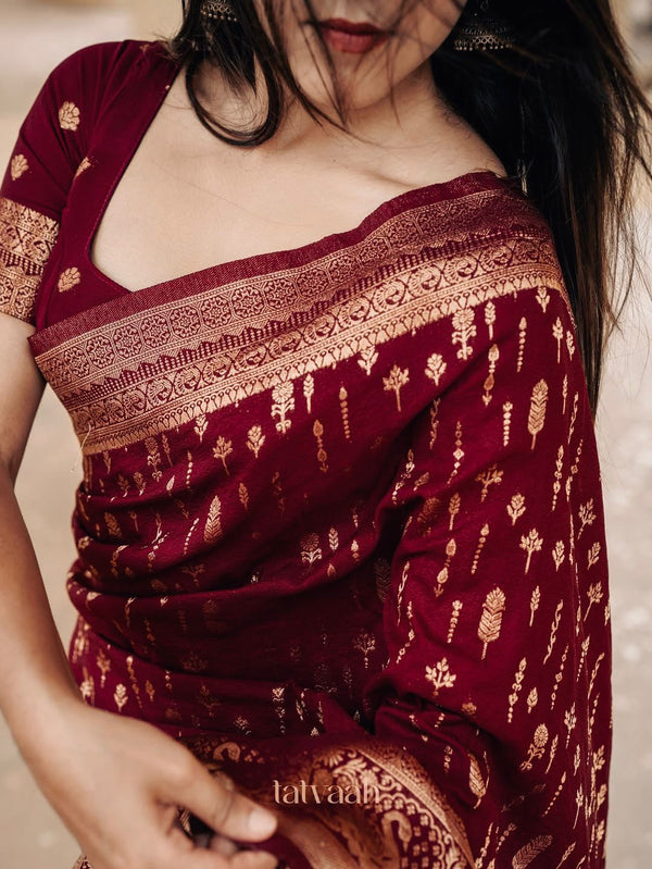Wine Banarasi Silk Saree | Festive & Party Wear