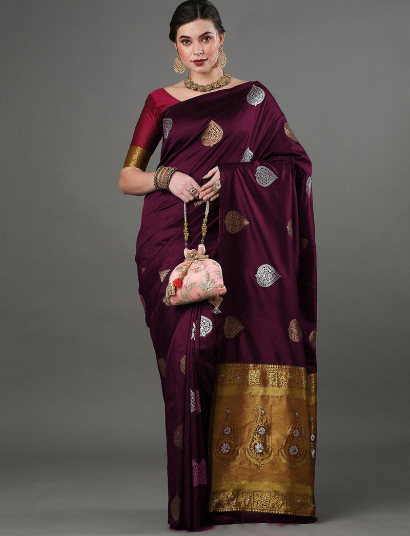 Wine Banarasi Silk Saree | Traditional Wedding Wear