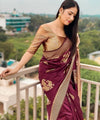 Wine Banarasi Silk Saree | Traditional Zari Weave