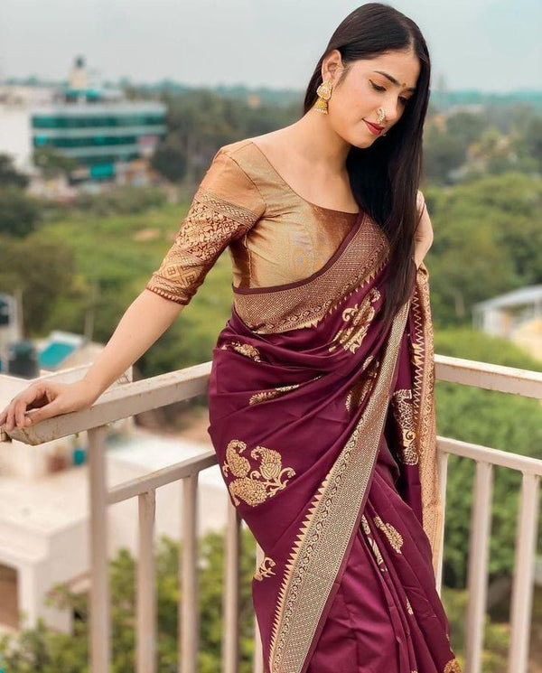 Wine Banarasi Silk Saree | Traditional Zari Weave