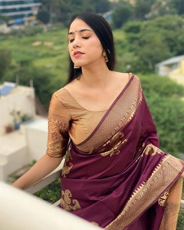 Wine Banarasi Silk Saree | Traditional Zari Weave