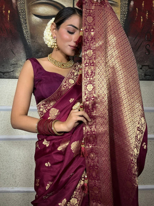 Wine Banarasi Silk Saree | Wedding & Festive Wear