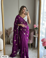 Wine Chiffon Party Wear Saree with Siroski & Moti Work | RD KHUSHI