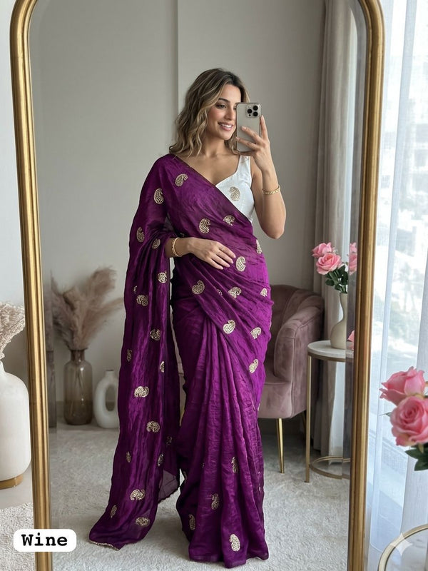 Wine Chiffon Party Wear Saree with Siroski & Moti Work | RD KHUSHI