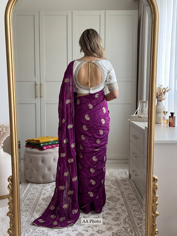 Wine Chiffon Party Wear Saree with Siroski & Moti Work | RD KHUSHI