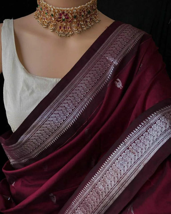 Wine Jacquard Silk Saree | Festive & Party Wear