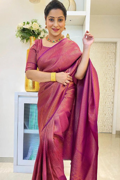 Wine Jacquard Silk Saree | Rich Zari Border Saree