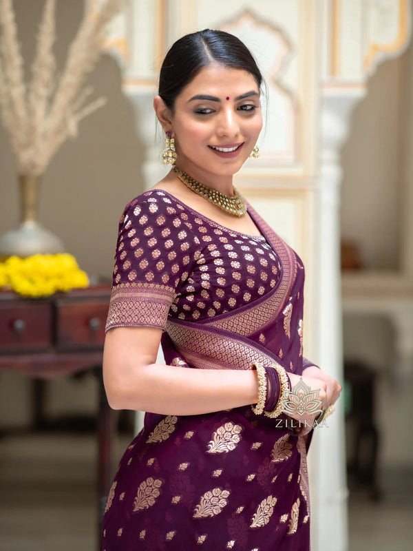 Wine Jacquard Silk Saree | Traditional Wedding Wear