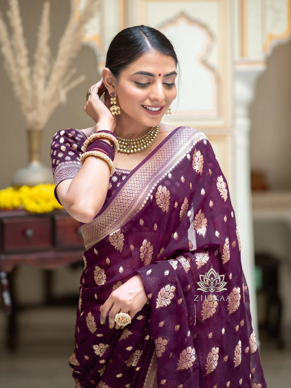 Wine Jacquard Silk Saree | Traditional Wedding Wear