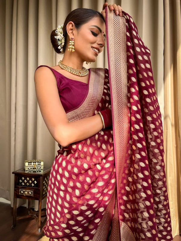 Wine Jacquard Silk Saree | Wedding & Festive Wear