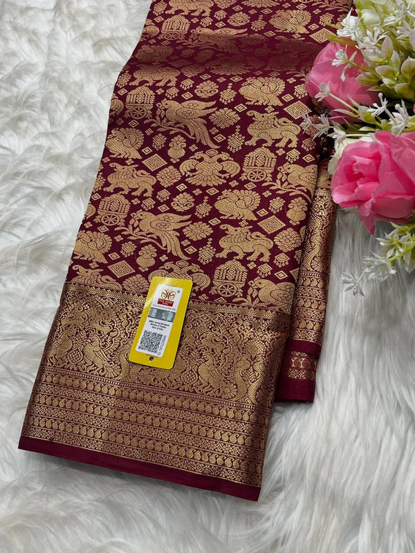 Wine Kanjivaram Silk Saree | Bridal & Festive Wear