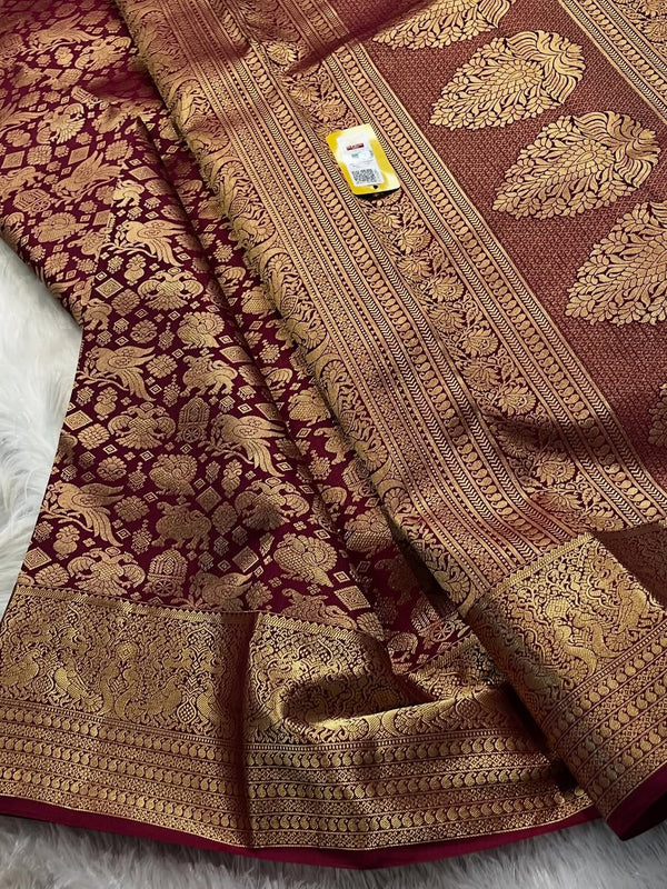 Wine Kanjivaram Silk Saree | Bridal & Festive Wear