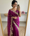 Wine Satin Saree with Gold Embroidery & Pearl Work Border | RD KAVITA