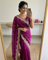 Wine Satin Saree with Gold Embroidery & Pearl Work Border | RD KAVITA
