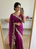 Wine Satin Saree with Gold Embroidery & Pearl Work Border | RD KAVITA