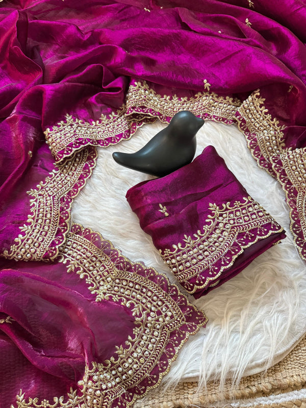 Wine Satin Saree with Gold Embroidery & Pearl Work Border | RD KAVITA