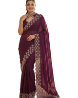 Wine Satin Saree with Zari Weaving & Siroski Border | RD TANISHKA