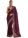 Wine Satin Saree with Zari Weaving & Siroski Border | RD TANISHKA
