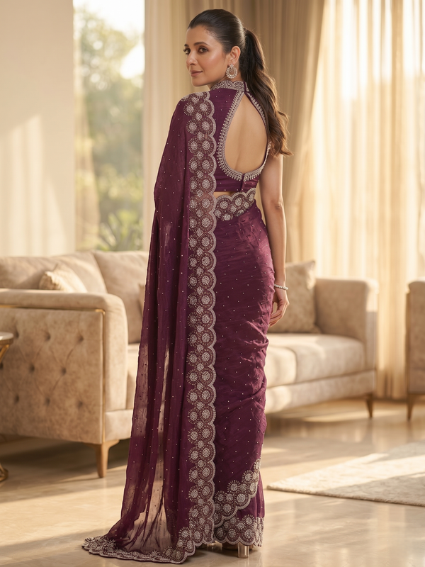 Wine Satin Saree with Zari Weaving & Siroski Border | RD TANISHKA