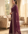 Wine Satin Saree with Zari Weaving & Siroski Border | RD TANISHKA