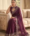 Wine Satin Saree with Zari Weaving & Siroski Border | RD TANISHKA