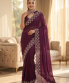 Wine Satin Saree with Zari Weaving & Siroski Border | RD TANISHKA