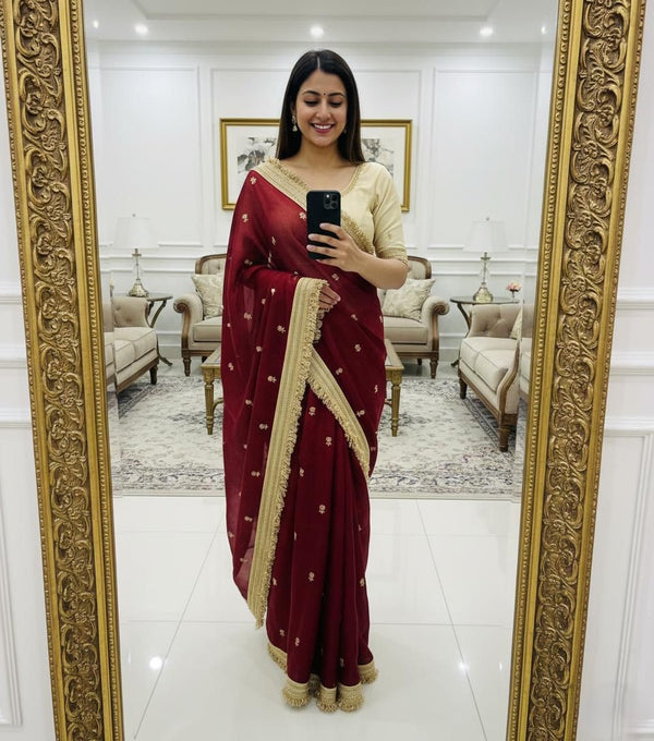 Wine Space Satin Sequence Work Saree for Party & Wedding | RD APEXA