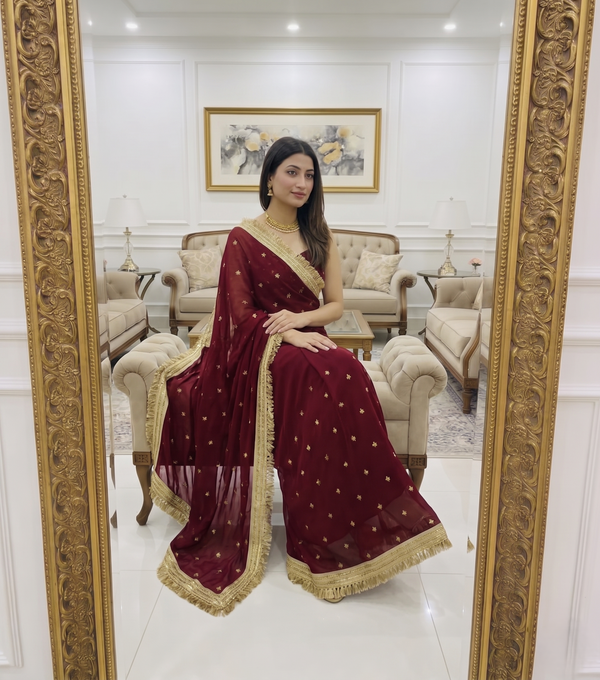 Wine Space Satin Sequence Work Saree for Party & Wedding | RD APEXA
