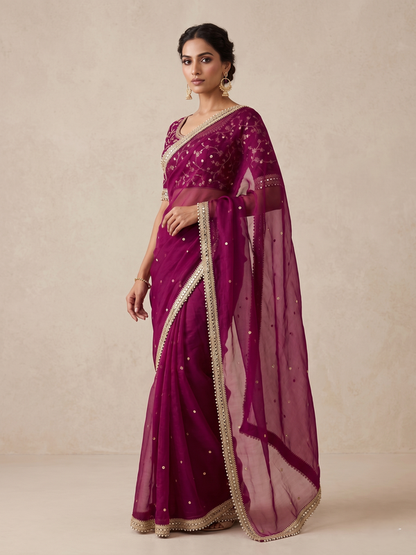 Wine Space Satin Sequin Saree with Mirror Lace Border | RD SANVI