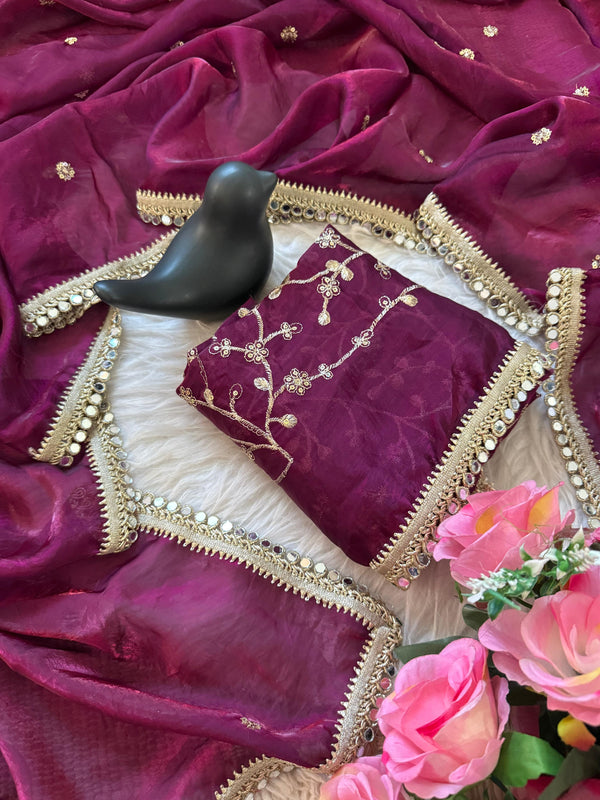 Wine Space Satin Sequin Saree with Mirror Lace Border | RD SANVI