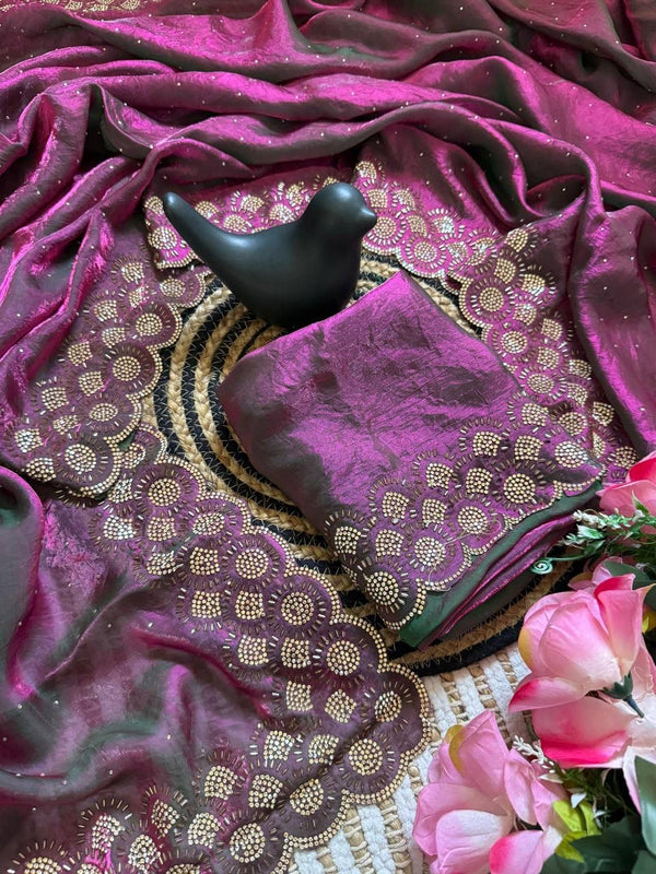 Wine Space Silk Jarkan Work Saree for Wedding & Party | RD TAMANAH