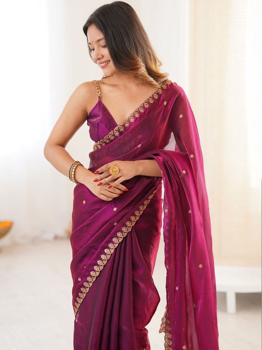 Wine Space Silk Sequin Embroidery Saree for Party Wear | RD KAVYA