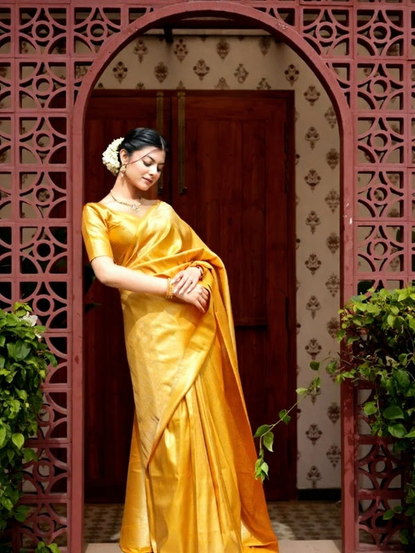 Yellow Banarasi Silk Saree | Traditional Zari Weave
