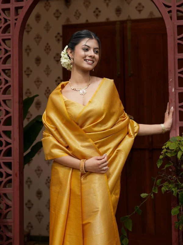 Yellow Banarasi Silk Saree | Traditional Zari Weave