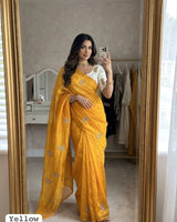 Yellow Chiffon Party Wear Saree with Siroski & Moti Work | RD KHUSHI
