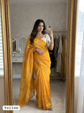 Yellow Chiffon Party Wear Saree with Siroski & Moti Work | RD KHUSHI