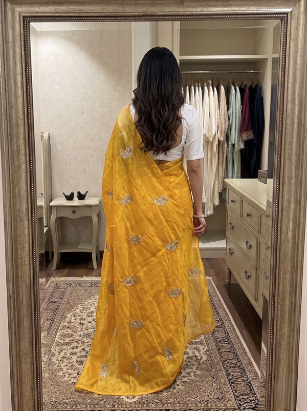 Yellow Chiffon Party Wear Saree with Siroski & Moti Work | RD KHUSHI
