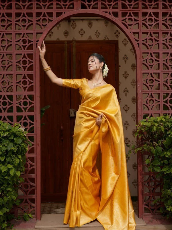 Yellow Jacquard Silk Saree | Festive & Party Wear
