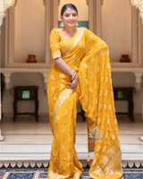 Yellow Jacquard Silk Saree | Traditional Wedding Wear