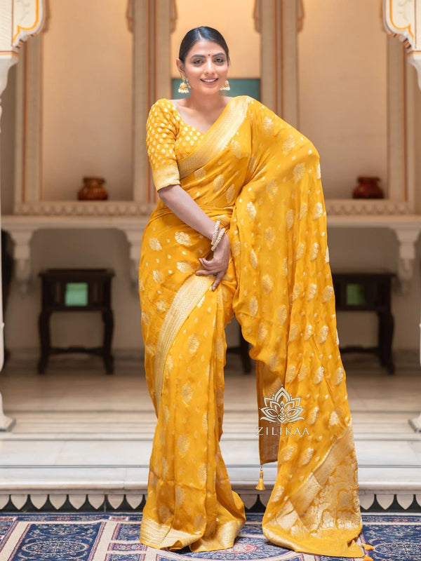 Yellow Jacquard Silk Saree | Traditional Wedding Wear