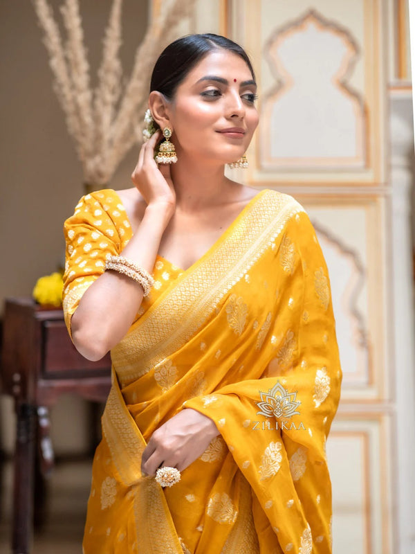 Yellow Jacquard Silk Saree | Traditional Wedding Wear