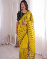 Yellow Mirror Work Saree with Floral Embroidery Border | RD HEMANI
