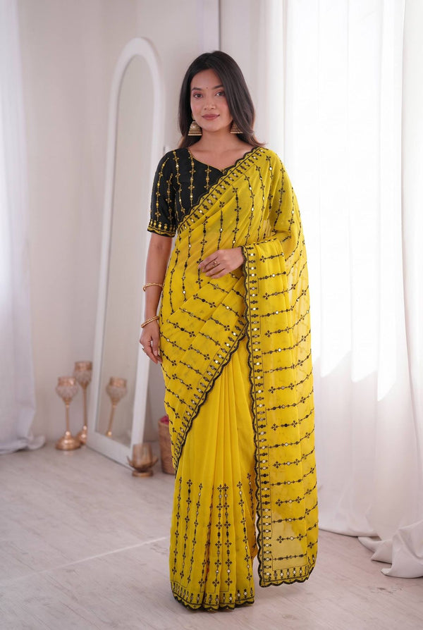 Yellow Mirror Work Saree with Floral Embroidery Border | RD HEMANI