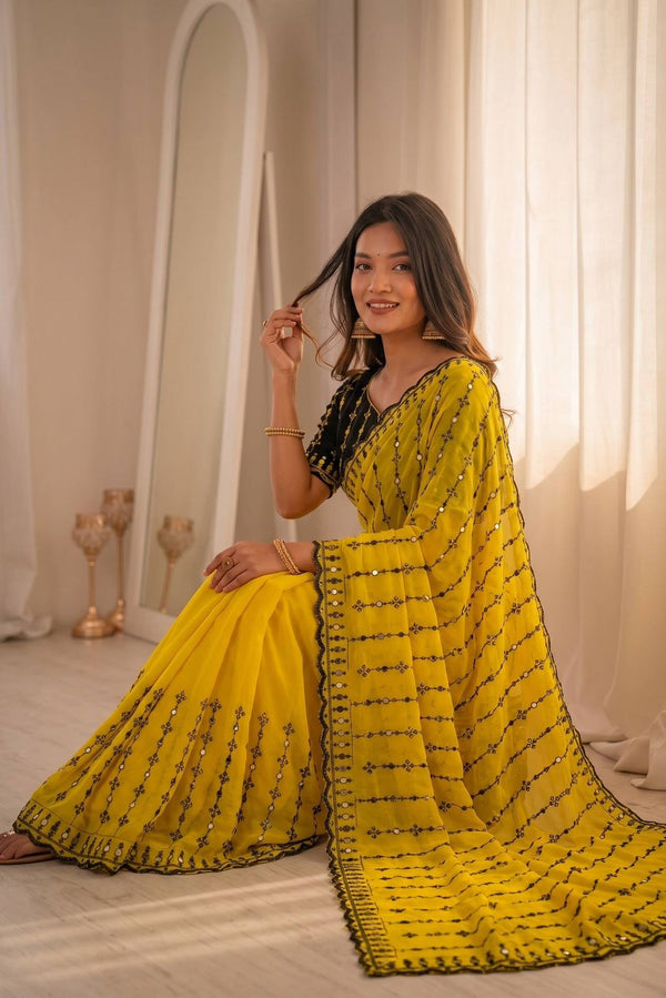 Yellow Mirror Work Saree with Floral Embroidery Border | RD HEMANI