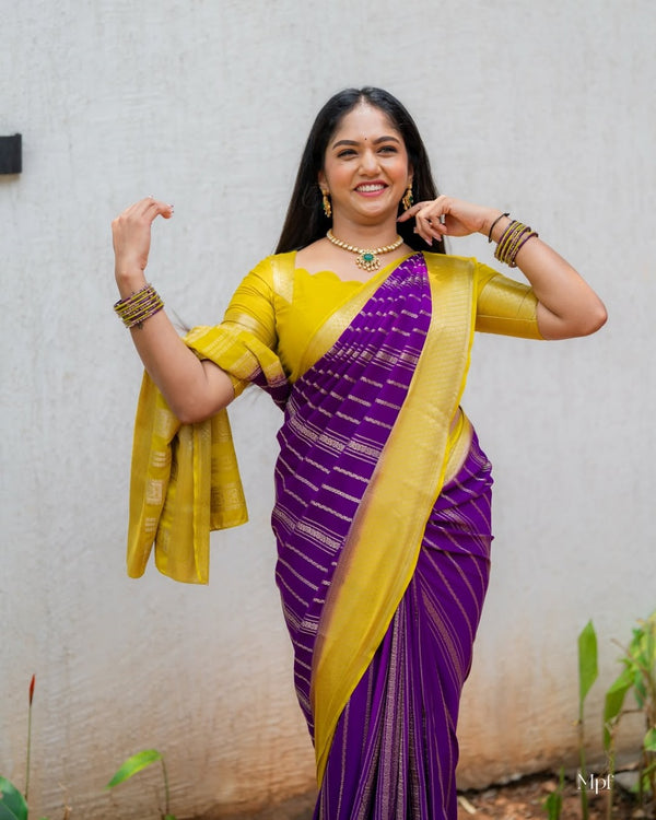 Yellow Purple Jacquard Silk Saree | Wedding & Reception Wear