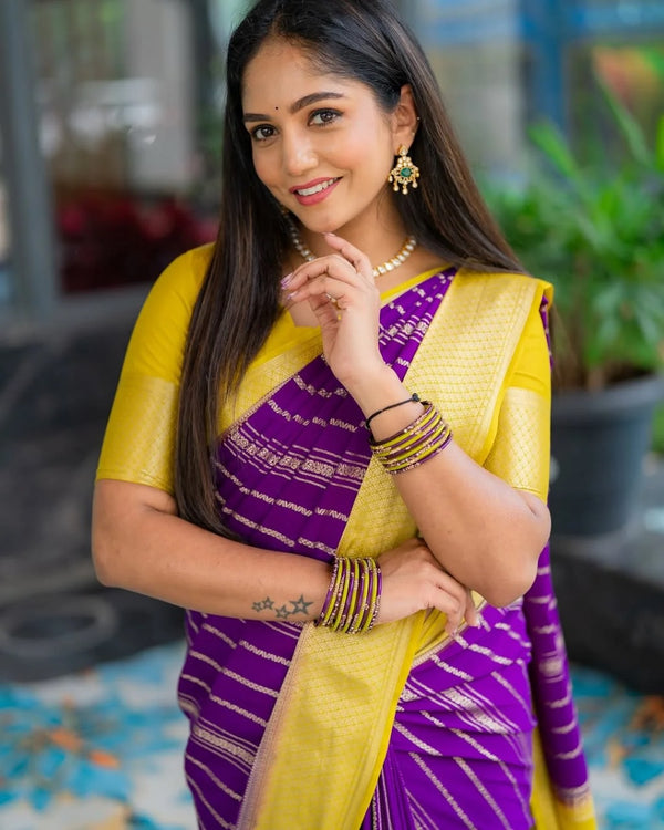 Yellow Purple Jacquard Silk Saree | Wedding & Reception Wear