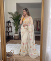 Yellow & White Rangoli Silk Saree with Floral Embroidery & Mirror Work | RD TARA